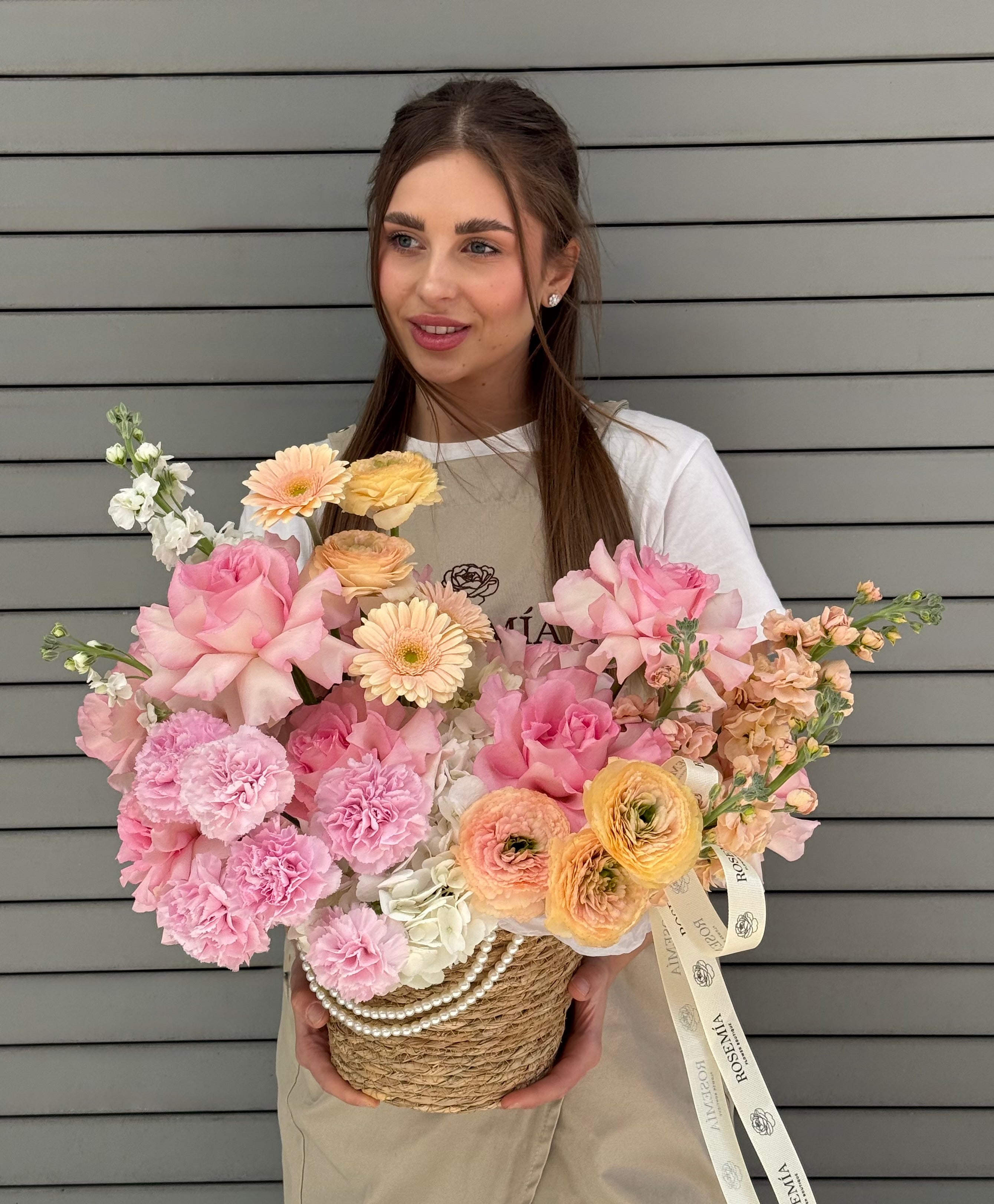 No.236 PEACHY BASKET - hydrangeas, roses, ranunculus, carnations, stock