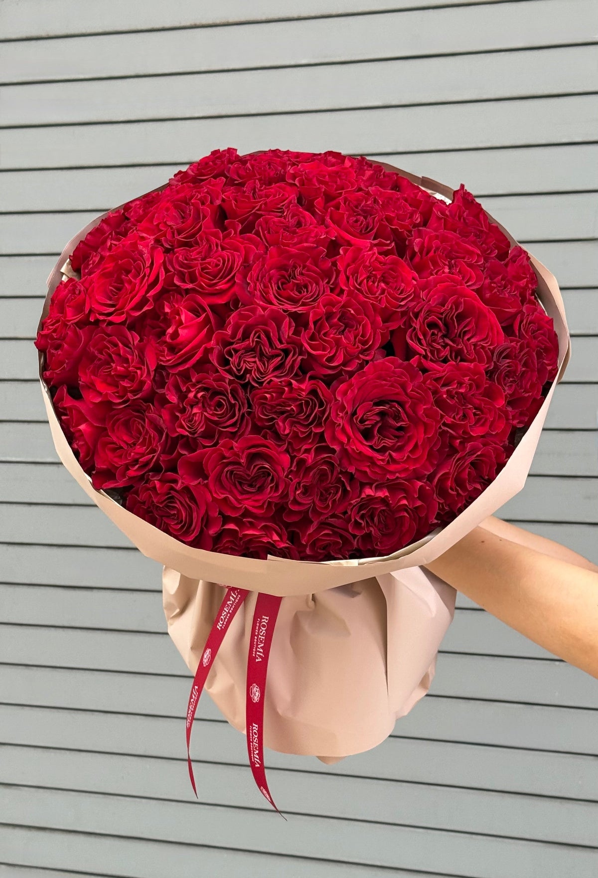 A large bouquet of deep red roses wrapped in beige paper with a red ribbon, held by a person's hand against a gray horizontal siding background.