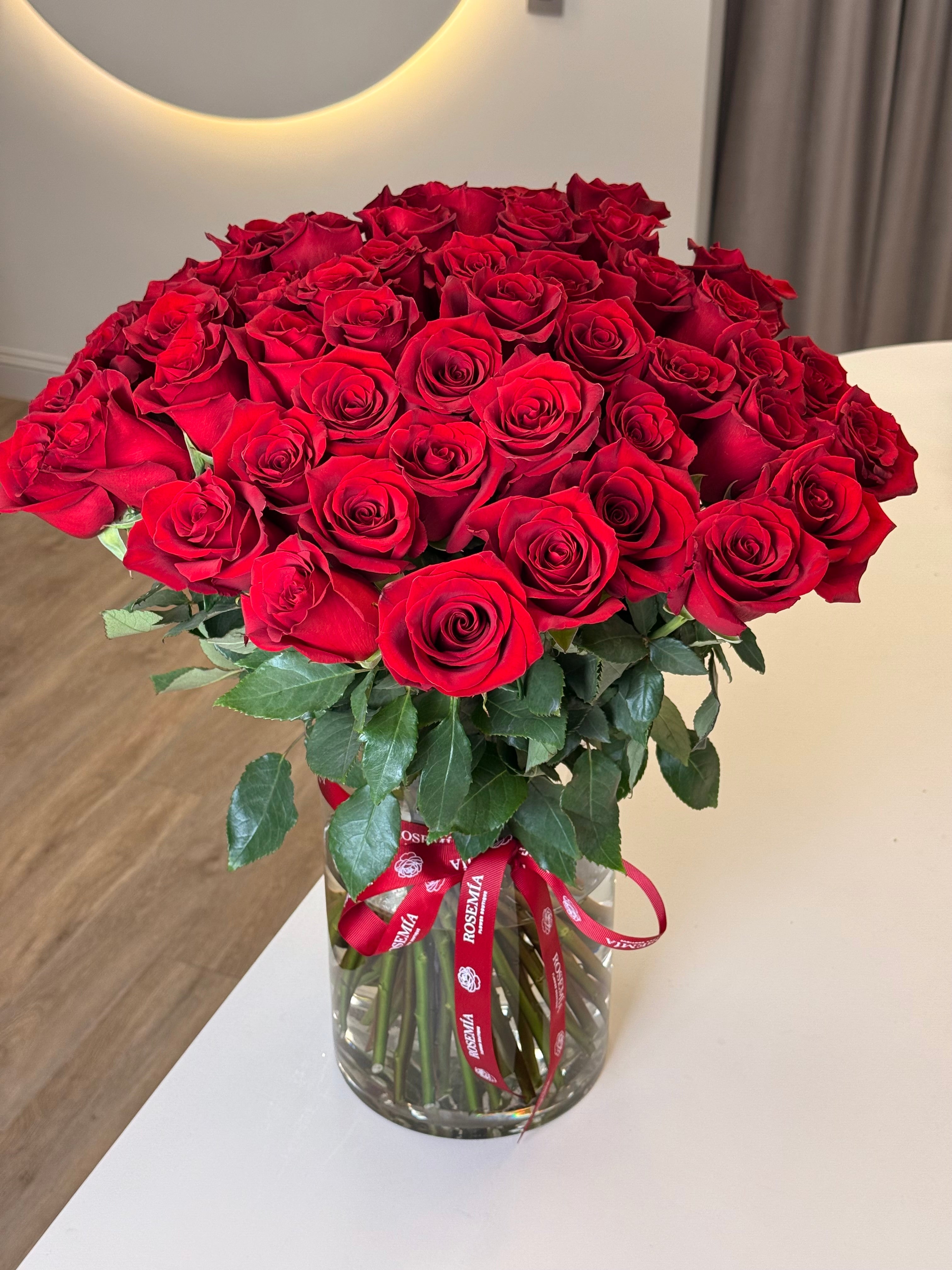 Res Roses Bouquet in a Vase - 50 roses