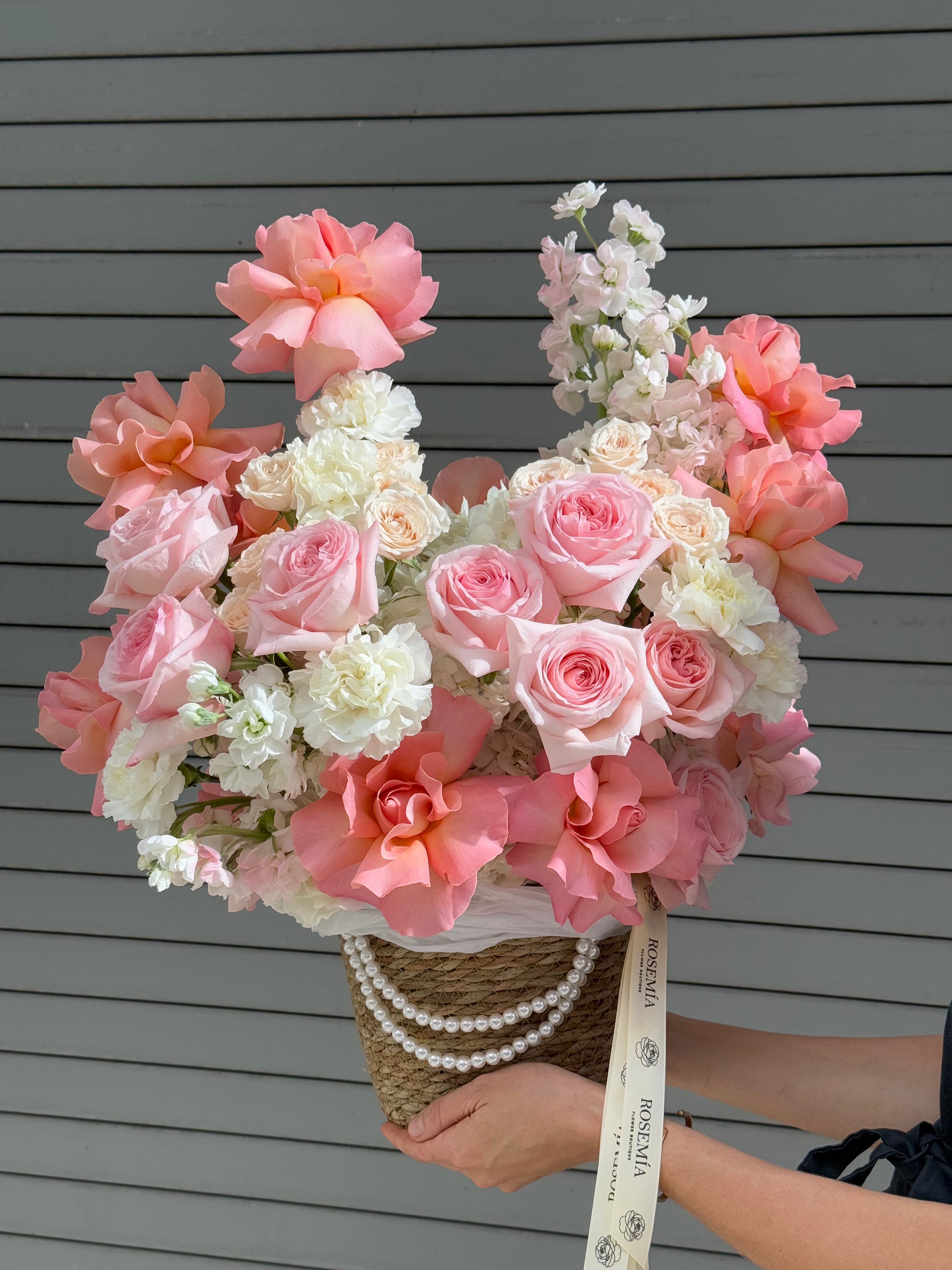 No.252 AVELINE BASKET - French roses, hydrangeas, spray roses, stock, carnations