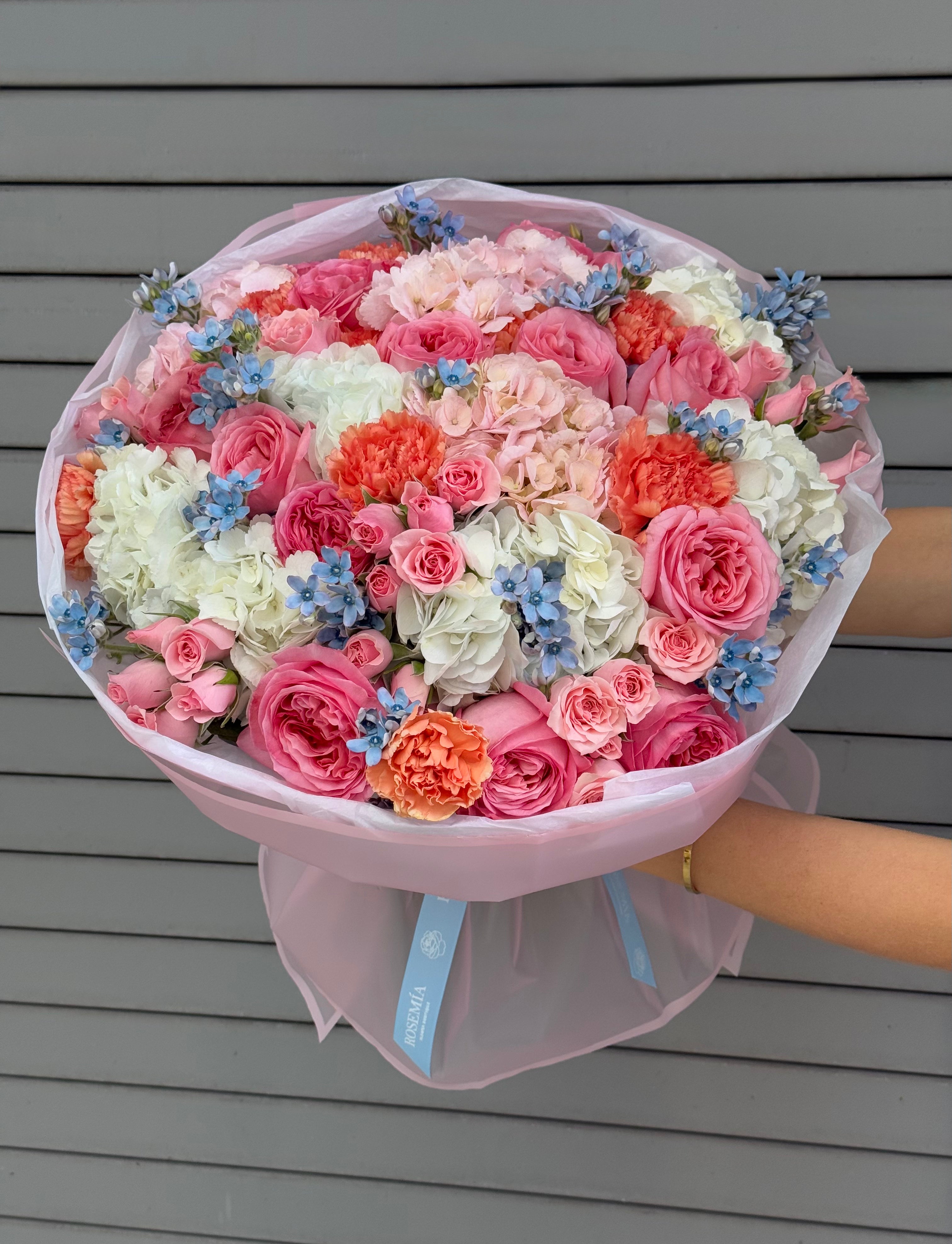 No.253 BLOOM MOSAIC - hydrangeas, garden roses, spray roses, carnations, tweedia