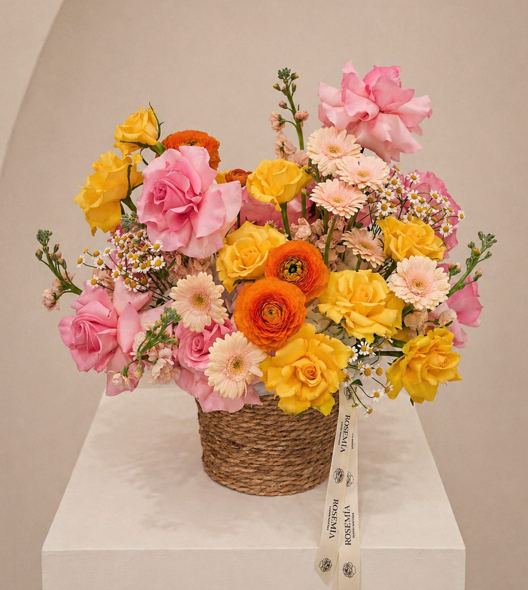 No.235 SUNNY BLOOMS BASKET - roses, ranunculus, chamomile, gerberas, stock
