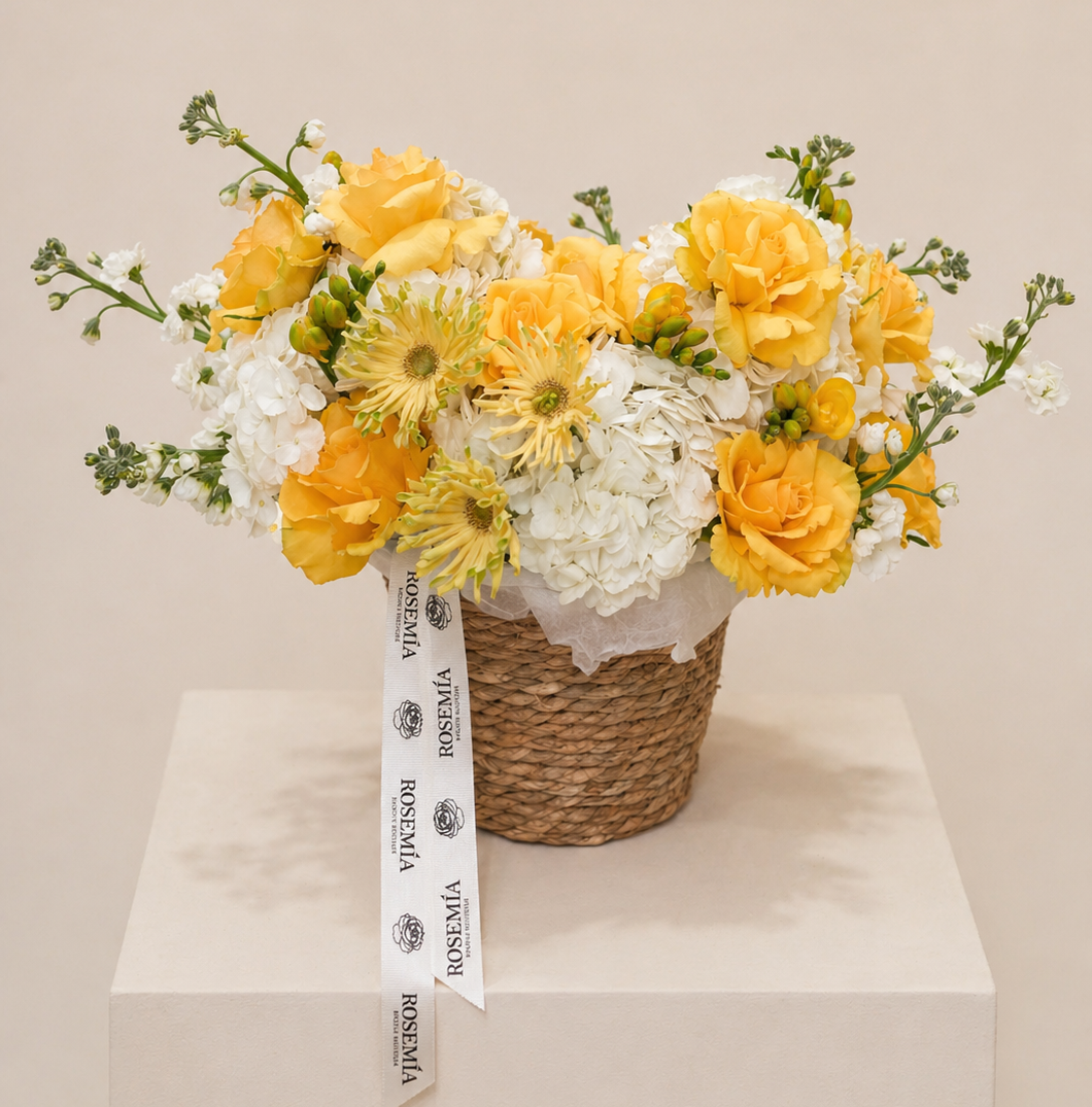 No.238 SUNNY FLEUR BASKET - hydrangeas, roses, gerbera, stock