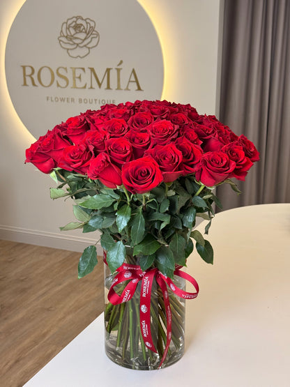 Res Roses Bouquet in a Vase - 50 roses