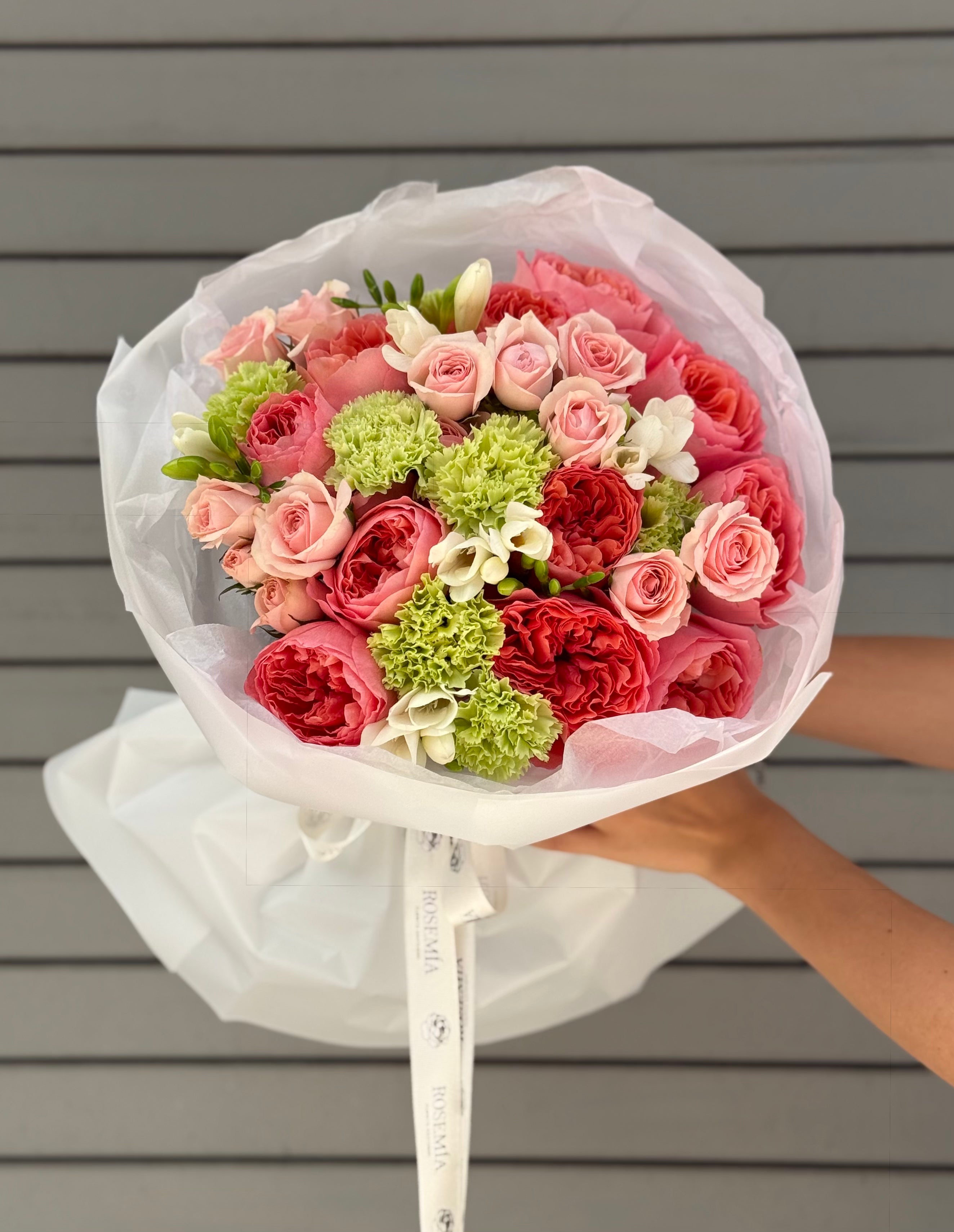 No.24 TENDER BLOOM - pink x-pression roses, freesia, carnations, spray roses