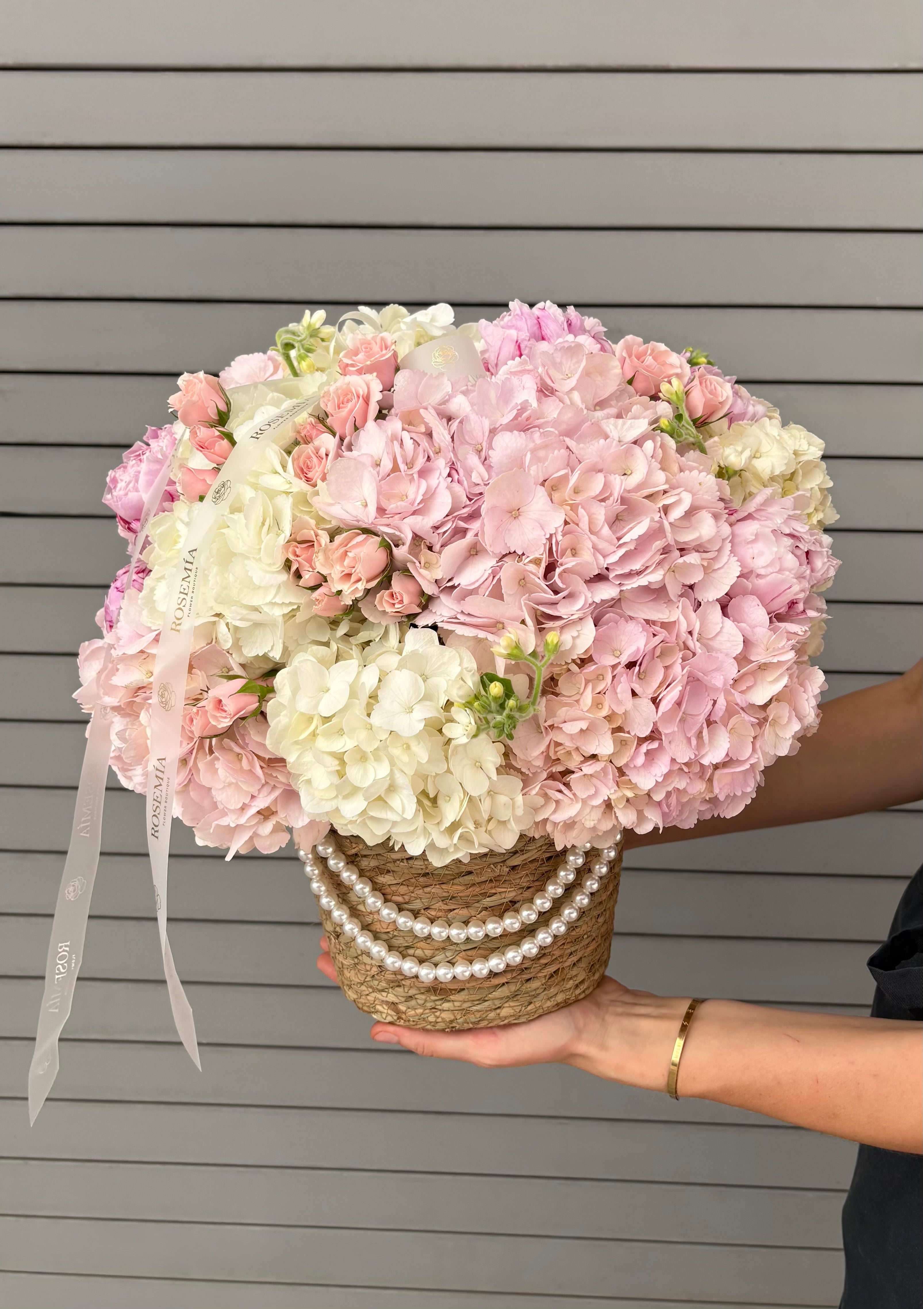 No.246 BLOSSOM BASKET - hydrangeas, spray roses