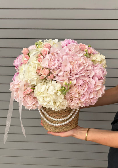 No.246 BLOSSOM BASKET - hydrangeas, spray roses