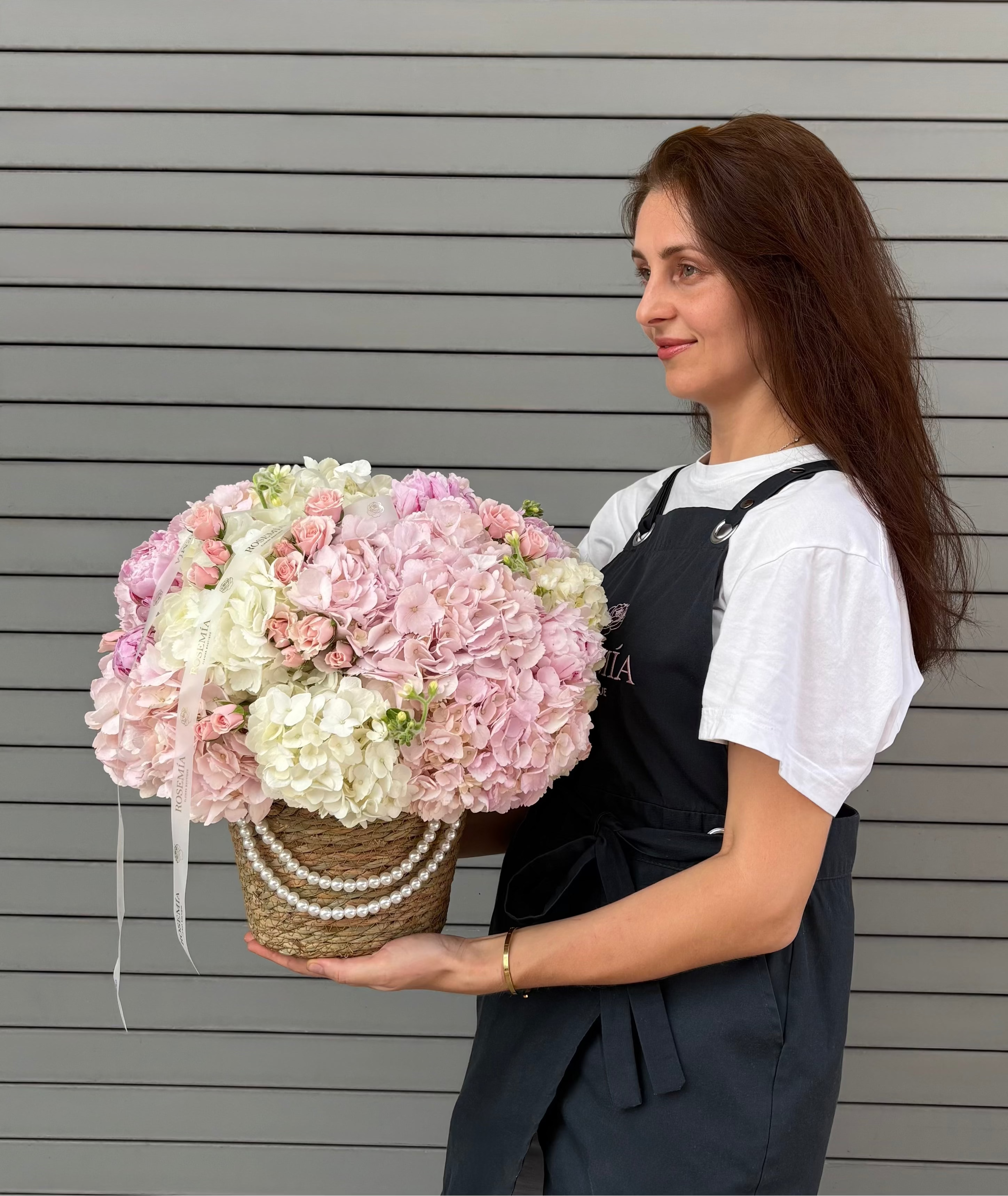 No.246 BLOSSOM BASKET - hydrangeas, spray roses