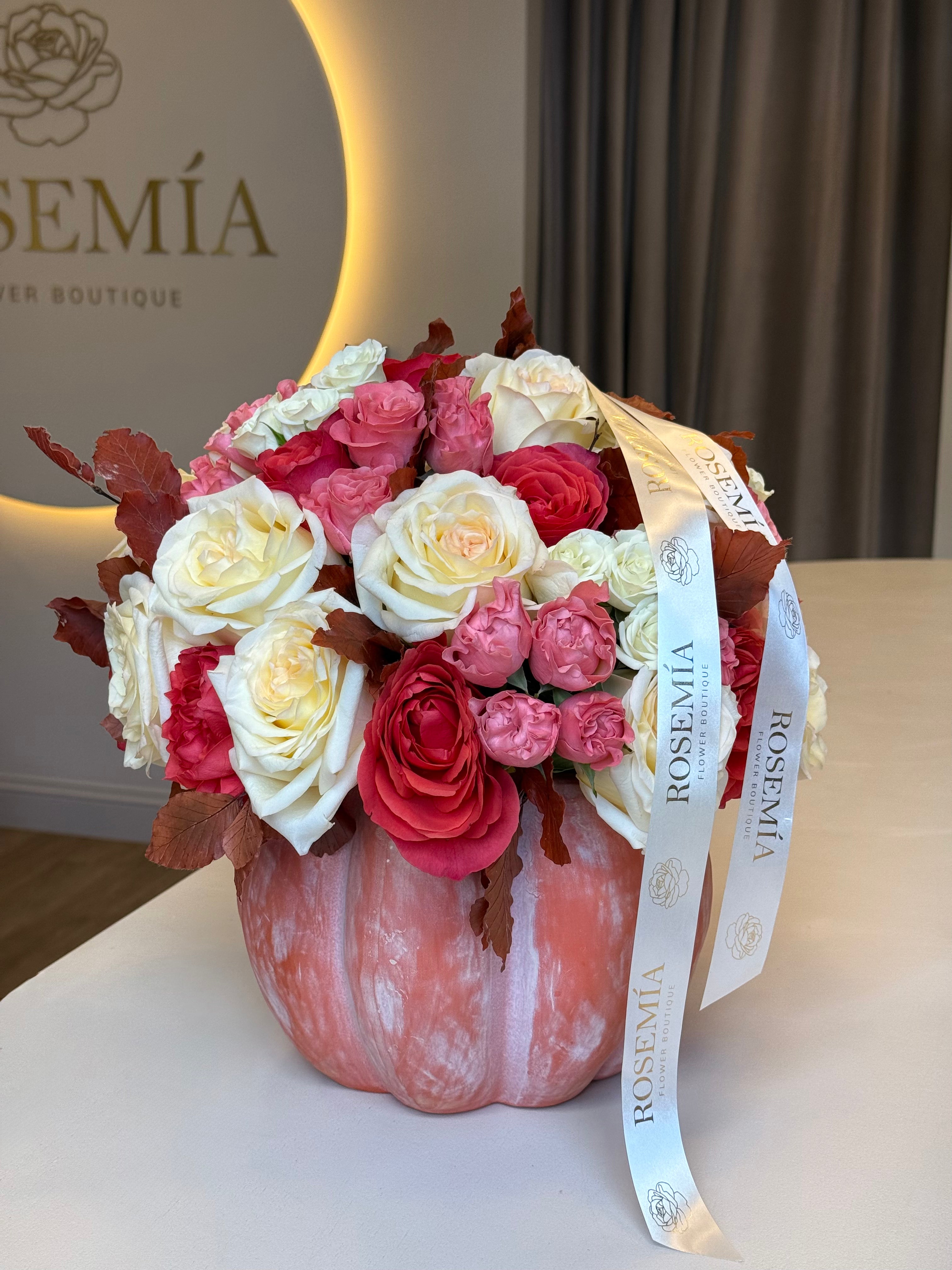 No.203 CRIMSON ROMANCE - Pumpkin Flower Arrangement