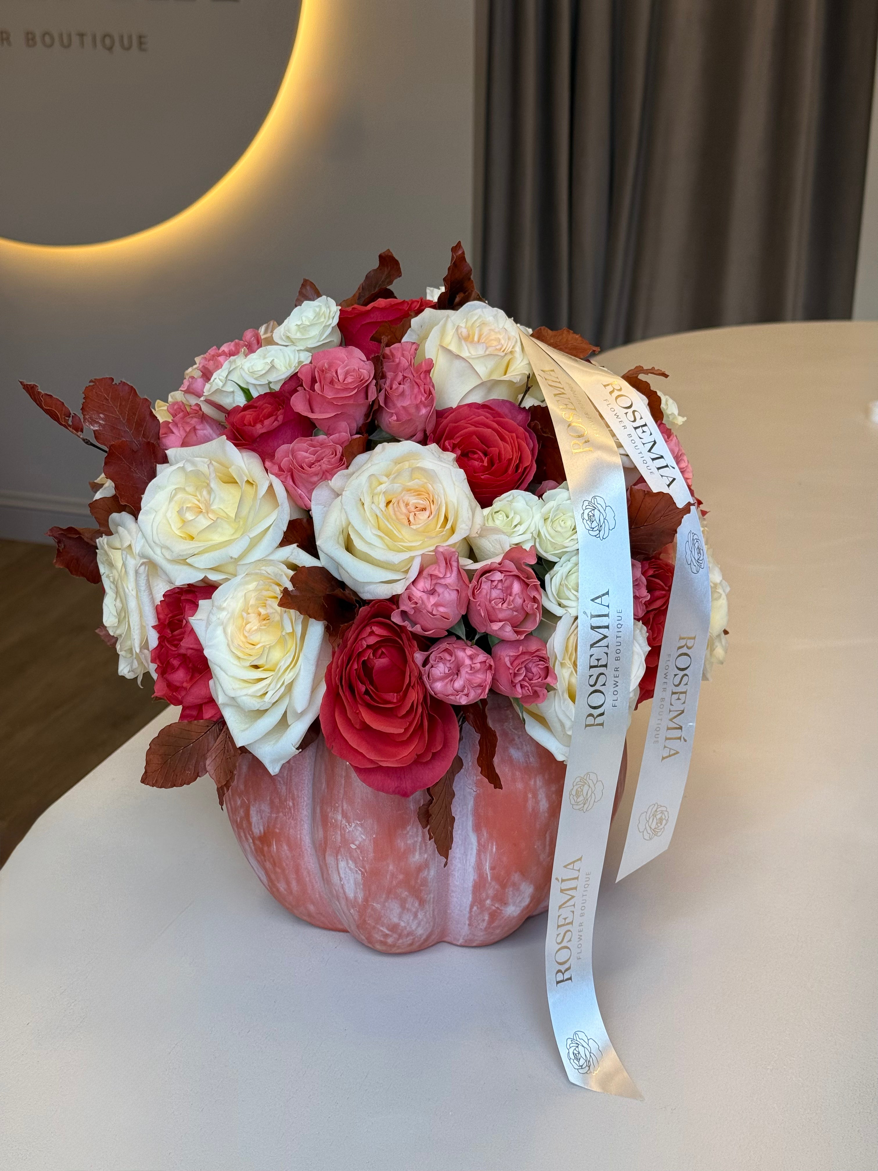 No.203 CRIMSON ROMANCE - Pumpkin Flower Arrangement