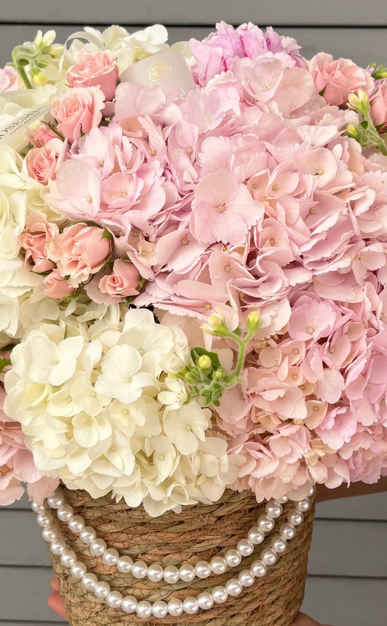 No.246 BLOSSOM BASKET - hydrangeas, spray roses