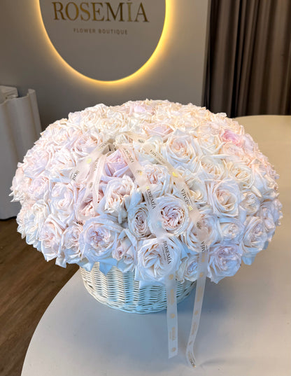 125 rosas White O'Hara en una cesta