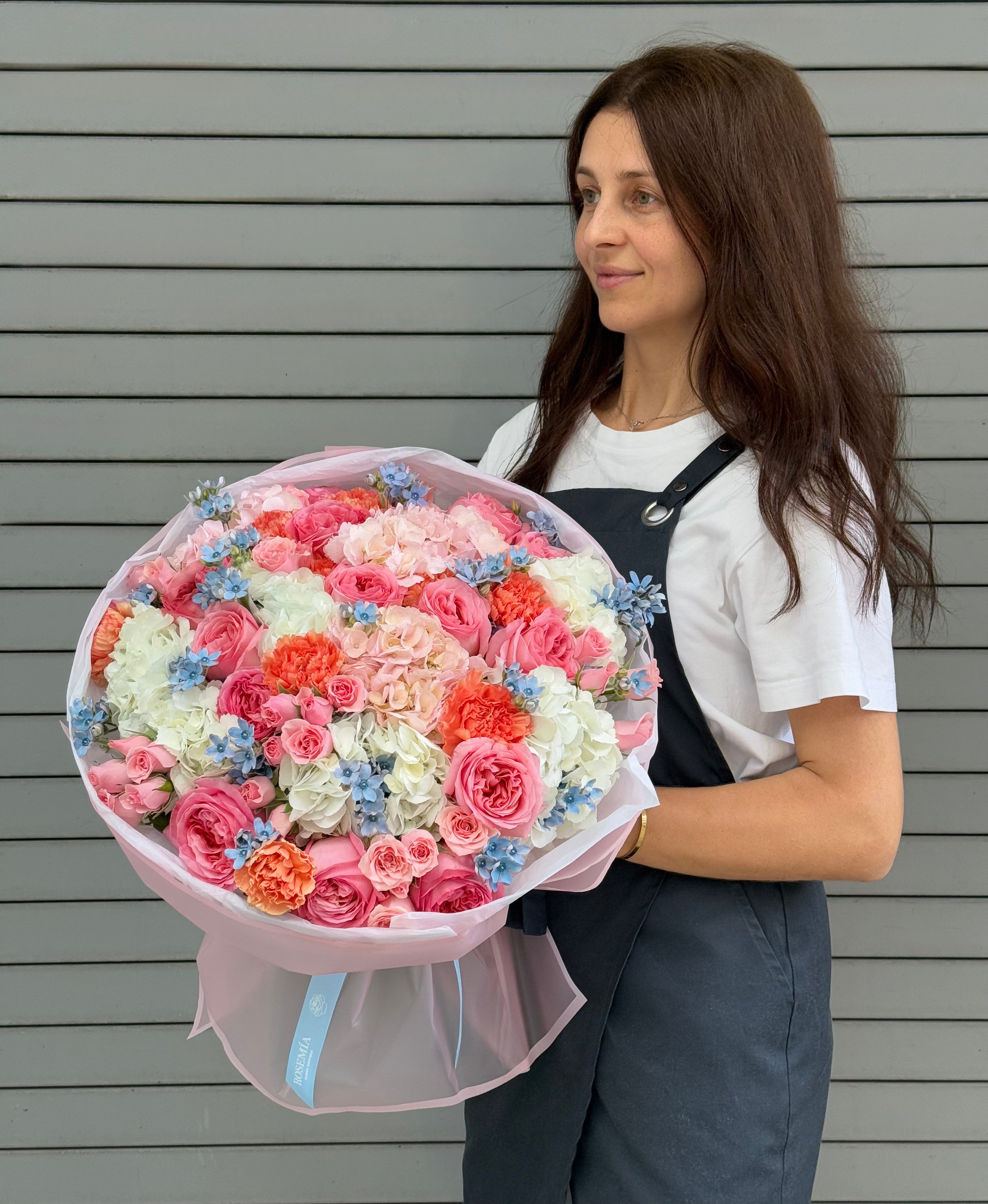 No.253 BLOOM MOSAIC - hydrangeas, garden roses, spray roses, carnations, tweedia