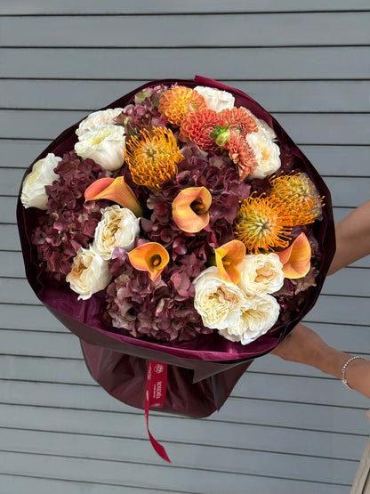 No.204 BURGUNDY AFFAIR - hydrangeas, garden roses, dahilas