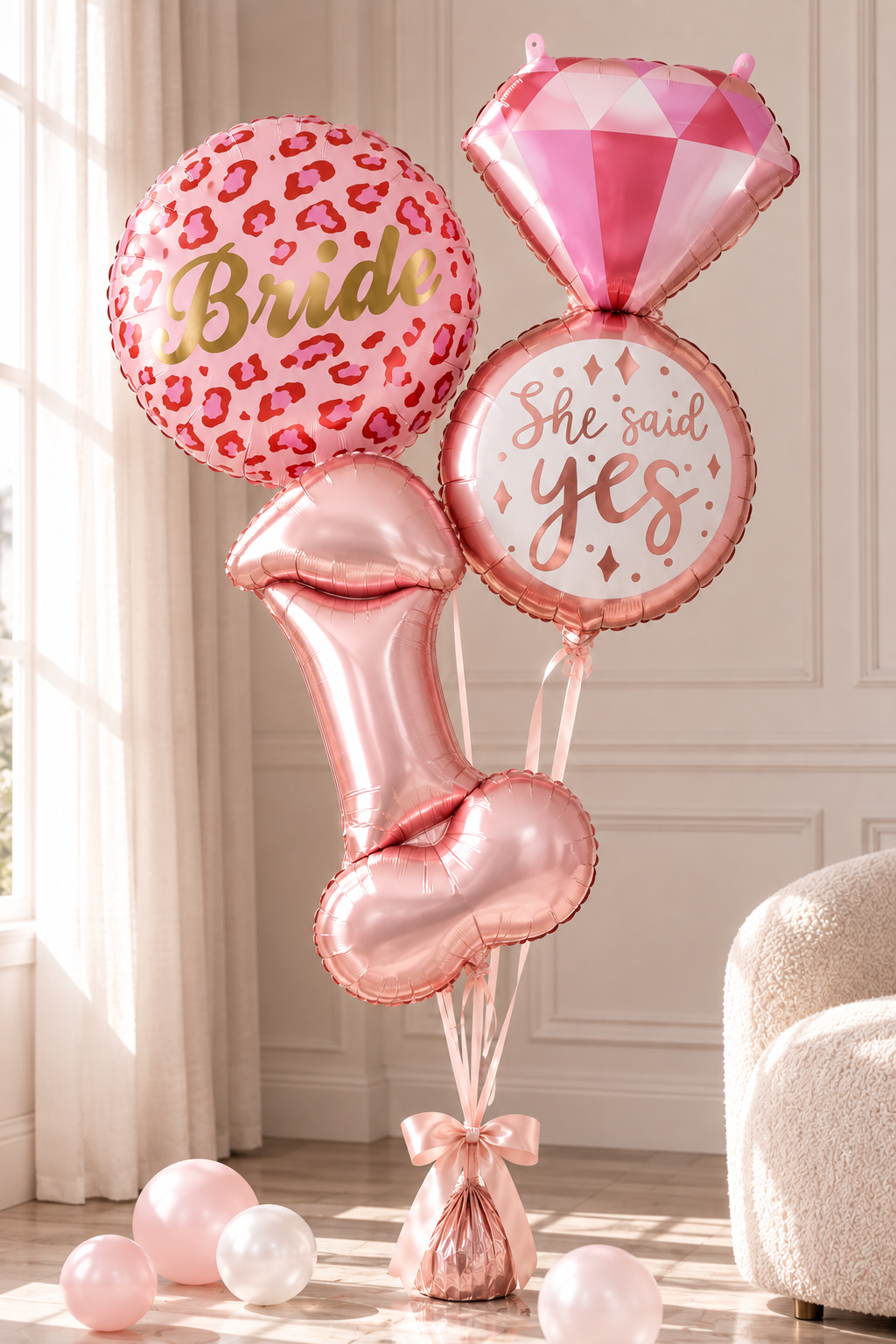 A bridal shower balloon bouquet set in a bright room, featuring a pink leopard print balloon with 'Bride' in gold foil, a pink diamond-shaped balloon, a round balloon reading 'She said yes' in rose gold foil, and metallic rose gold lip-shaped and heart-shaped balloons.