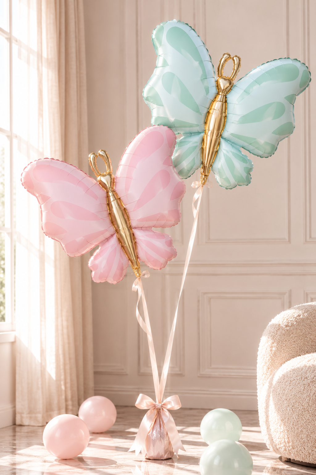 Two butterfly-shaped foil balloons, one pink and one mint green, with metallic gold centers, displayed on stands in a bright, elegant room with pastel balloons on the floor.