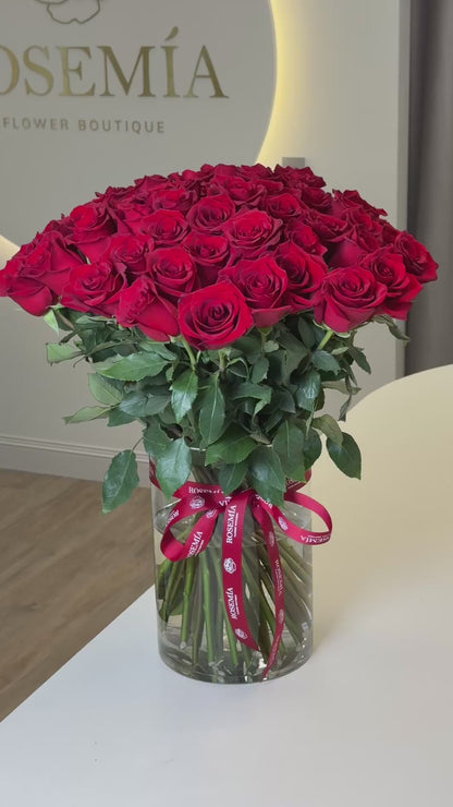 Res Roses Bouquet in a Vase - 50 roses