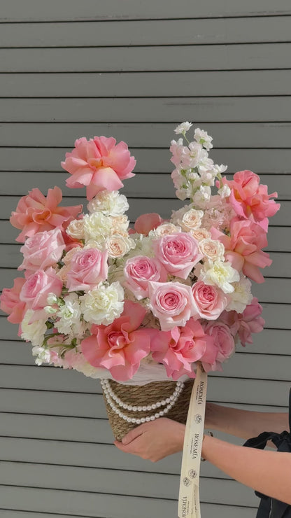 No.252 AVELINE BASKET - French roses, hydrangeas, spray roses, stock, carnations