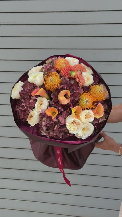 No.204 BURGUNDY AFFAIR - hydrangeas, garden roses, dahilas
